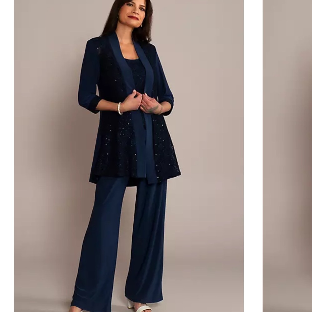 NWT Oleg Cassini Navy Blue 3-Piece Sequin Pantsuit 14